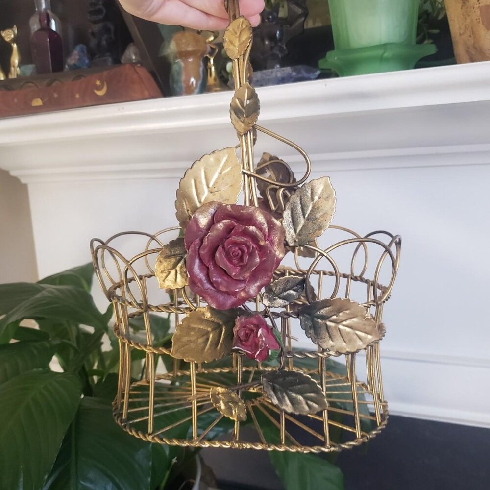Vintage Metal Gold Wire Basket with Ivy and Porcelain Rose Detail Whimsigoth